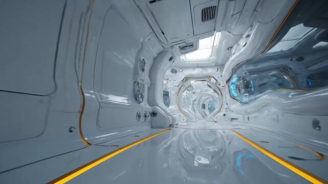 Modern white sci-fi spaceship interior hallway.