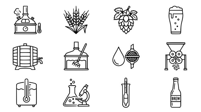 Brewing Icons Set: Beer Making Process, Ingredients, Equipment, Laboratory Tools