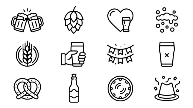 Beer Icons Set: Toasting Glasses, Hop, Heart, Snow, Wheat, Hand Holding Beer, Garland, Beer Glass, Pretzel, Bottle, Drum, Hat