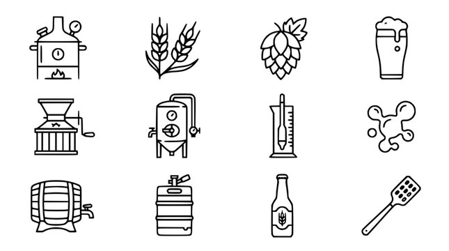 Brewing Process Icons: Beer Making Equipment, Ingredients, and Tools Collection