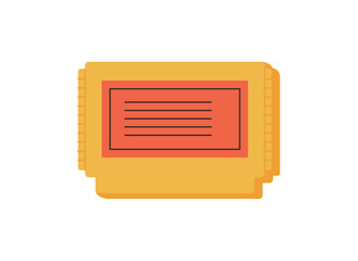 Retro video game console sticker patch in flat cartoon graphic style. Vintage videogame cartridge as a colorful gadget for old entertainment themes. Orange and yellow retro look, perfect for digital © Moonnoon