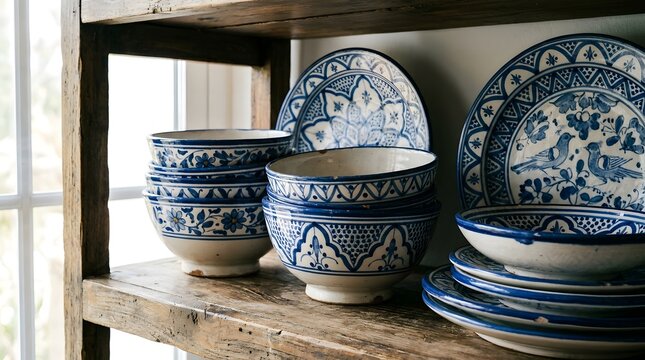 Blue and White Ceramic Bowls and Plates on Rustic Wood Shelf