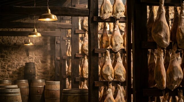 Rustic Dried Ham Hams Hanging in Wooden Curing Room with Warm Lights