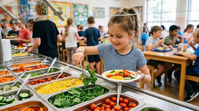 Young girl happily choosing healthy vegetables from a school cafeteria salad bar for her lunch plate
