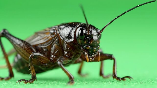Close up macro shot of a cricket insect chirping and moving its wings on a professional green screen background for visual effects