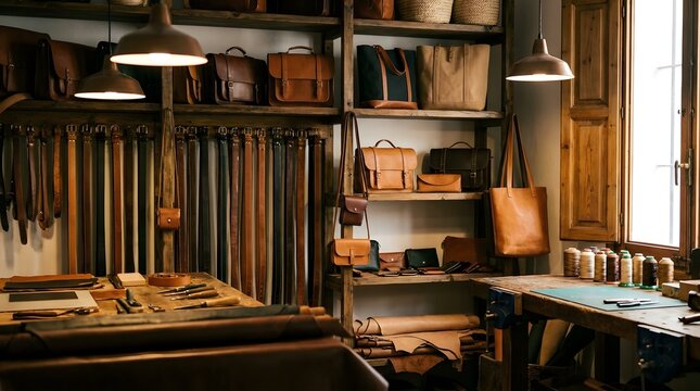 Rustic Leather Workshop Display with Belts Bags and Tools
