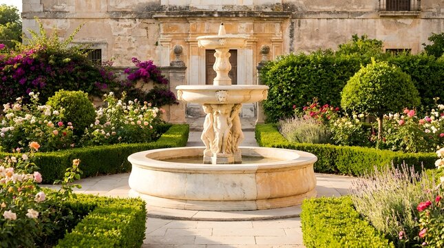 Elegant Stone Fountain Centered in Formal Garden with Bougainvillea and Hedge Borders