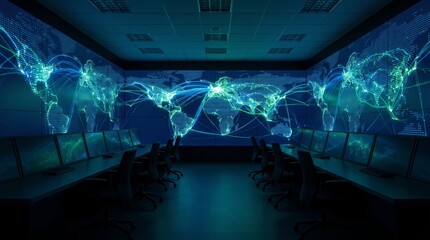 Obraz premium Futuristic Command Center with Global Network Map and Digital Connectivity Visualization in Dark Control Room
