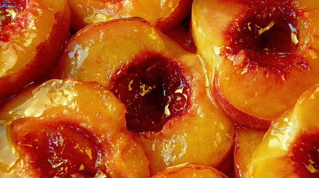 glossy peach slices packed together in a vibrant macro fruit texture