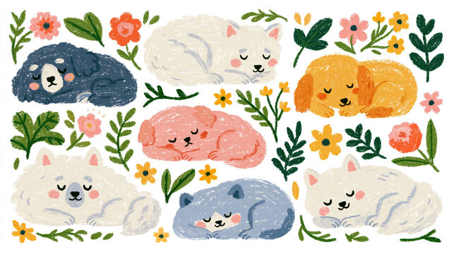 different dogs sleeping in playful hand drawn crayon kids illustration