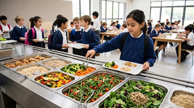 Diverse group of school children in uniform selecting healthy food from a cafeteria buffet line