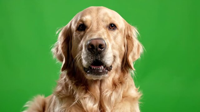 Close up of a friendly dog licking its nose and muzzle while looking at camera on a professional green screen background