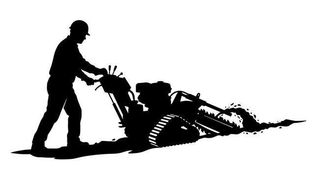 Construction worker silhouette operating a heavy trencher machine