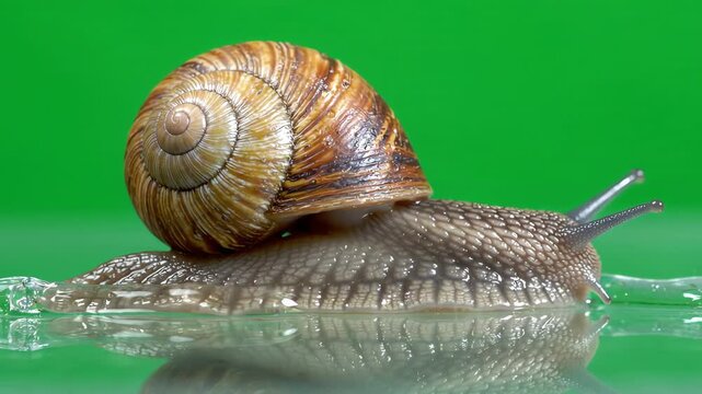 Close up of a garden snail slowly crawling across a bright green screen background with smooth slime trail motion