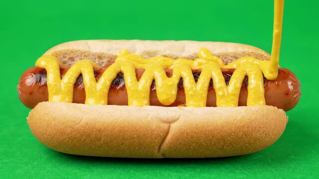 Close up of a grilled hot dog in a bun rotating on a green screen while yellow mustard drips in a zigzag pattern over the cooked sausage