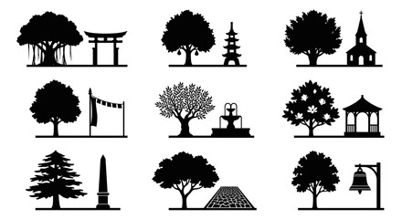 Fototapeta premium Park monuments and architectural landmark silhouette icon set