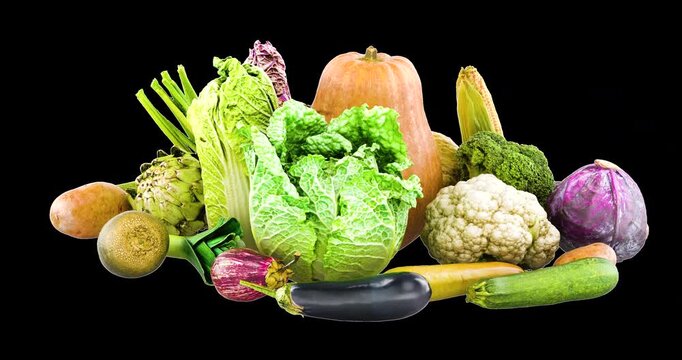 Assorted fresh vegetables rotation animation seamlessly loopable. 3D rendering isolated on transparent background