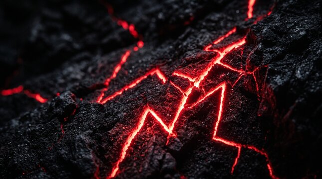 Glowing Red Magma Seeping Through Cracks in Dark Volcanic Rock, Hot Lava Texture Background