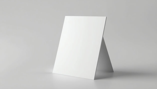 Promotional table talker isolated on white background, mockup template paper tri-fold vertical triangle cards with reflections. white sheets front & left and right view. 3d render