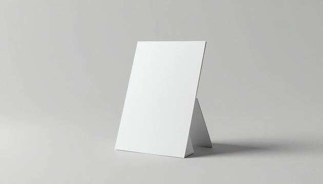 Promotional table talker isolated on white background, mockup template paper tri-fold vertical triangle cards with reflections. white sheets front & left and right view. 3d render