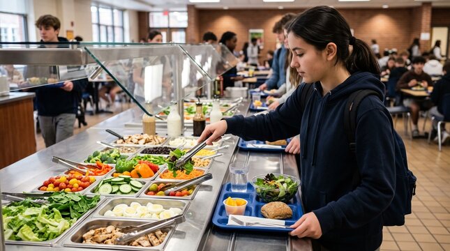 Teenage girl selects fresh salad from a school cafeteria buffet line with diverse healthy food options