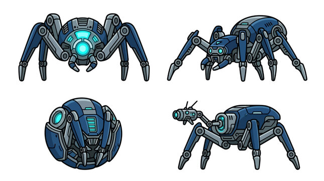 Robotic spiders featuring glowing blue light panels and metallic blue chassis textures appear in four distinct poses across the white.