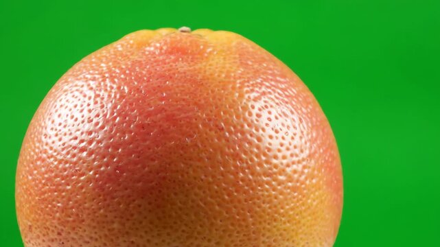 Close up of a whole fresh pink grapefruit rotating slowly in front of a solid green screen background