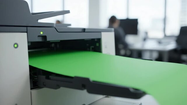 Close up of an office printer outputting a vibrant green screen paper for chroma key background replacement in a modern office setting