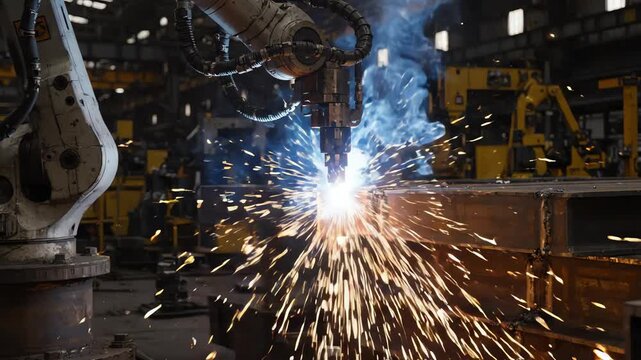 Close up of an industrial robotic arm welding a steel joint with glowing sparks and rising smoke particles in a dark factory environment