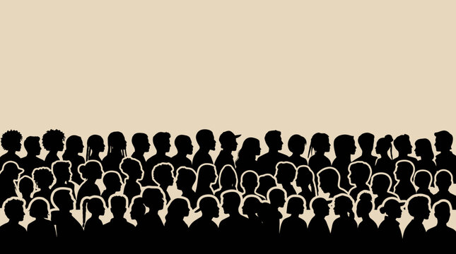 Crowd of silhouetted people gathered together in unity under bright lighting with minimalist black and white illustration style