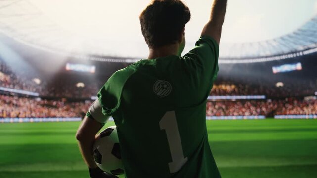 Goalkeeper saluting fans with ball under arm while entering stadium, team captain with armband ready to play and walking onto pitch, player waving at blurred stands on match day.