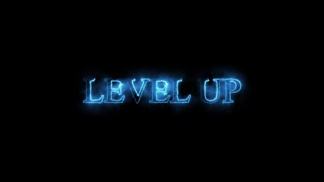 Neon glowing level up text Neon sign reading level up lights up a brick wall in a casual setting at night in a city