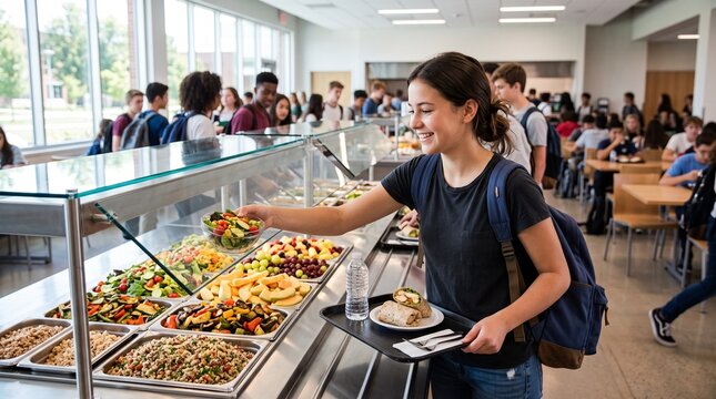 Teenage girl smiling while selecting a healthy salad from a school cafeteria serving line