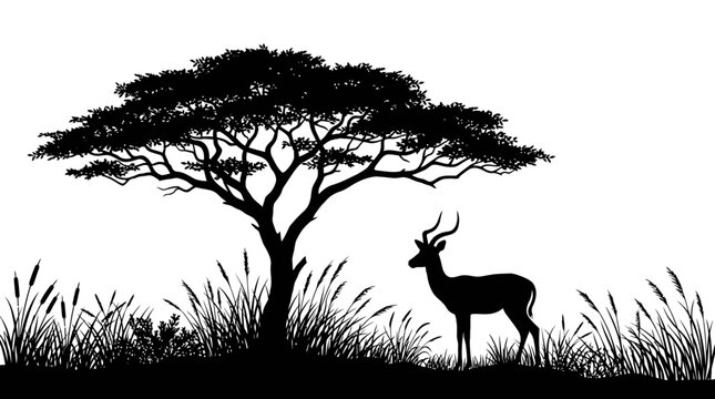 Silhouette of deer standing under lone savanna tree in high grass under clear sky