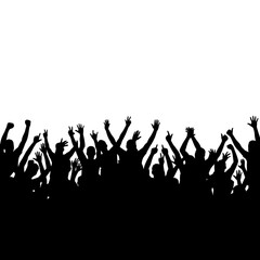 Obraz premium Silhouette crowd celebrating with raised arms in energetic festive atmosphere