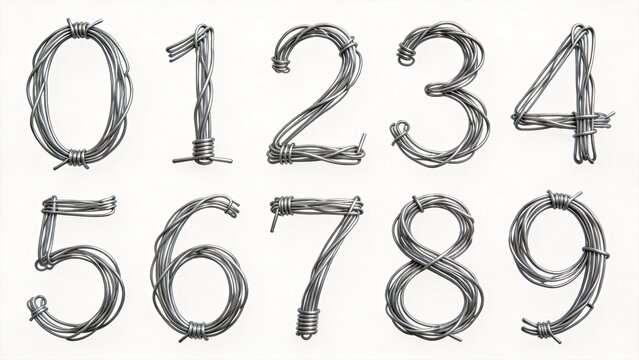 Numbers 0 to9 shaped from twisted metal wire, industrial style three-dimensional digits, silver metallic creative numeral font on white background
