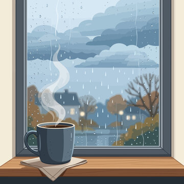 Cozy morning coffee view from a rainy window with steam rising over a quiet town