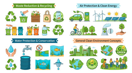 Naklejka premium Comprehensive Environmental Protection and Pollution Prevention Vector Icon Set