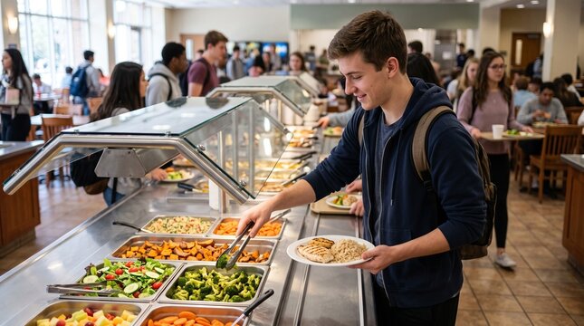 Young man in a cafeteria line selects broccoli from a buffet with grilled chicken and rice on his plate