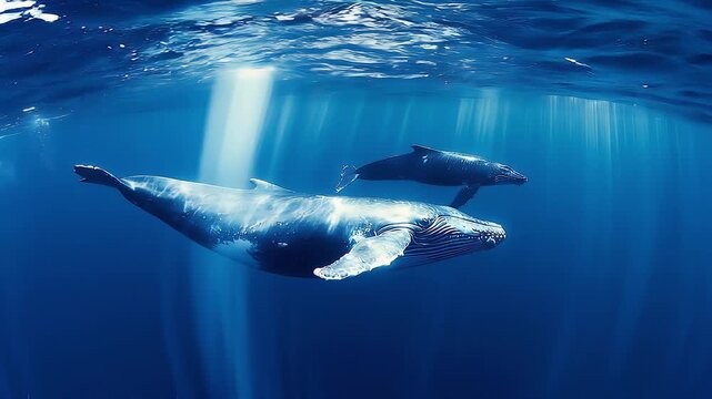 Humpback whale mother and calf swimming beneath sunlit ocean surface