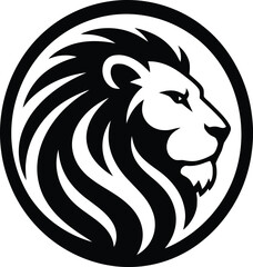 Bold black and white lion head side profile logo inside a thick circular frame featuring flowing geometric mane with dynamic curves. Minimalist lion face in side view with strong expression on white b © Netsolbiz