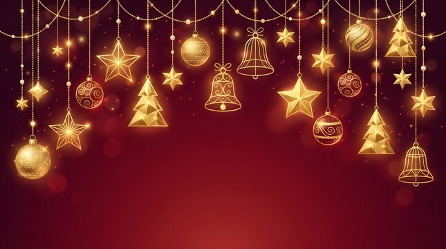 Golden christmas decorations festive ornaments stars and trees on a rich red background