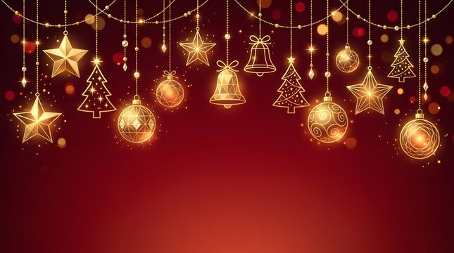 Golden christmas decorations hanging festive stars bells and ornaments on a red background