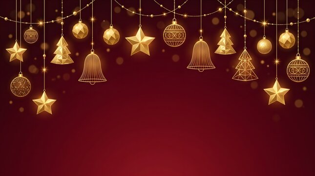 Golden christmas decorations festive ornaments stars and trees on a rich red background