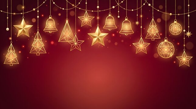 Golden christmas decorations hanging on red background festive holiday season celebration design