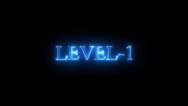 neon Level-1 text inside a horizontal banner on black background. level 9 text icon animation. Neon level up sign. neon next Level text.Level Thirty six text font with glowing neon light.Level .4k