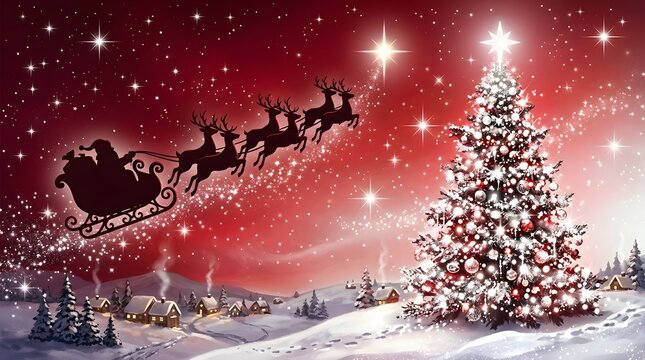 Magical christmas night santa's sleigh soars above a festive winter village and decorated tree