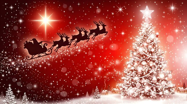 Magical christmas night santa's sleigh soars past a sparkling christmas tree in a winter wonderland