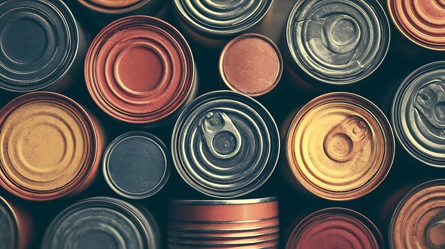 Top-down view of stacked metal food cans. Symbolizes food security and pantry supply management.