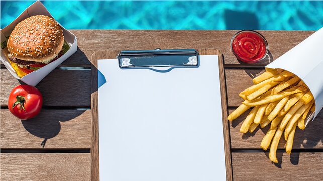 Blank clipboard menu template on wooden poolside table, fast food burger fries water, top view summer vacation leisure blank layout material